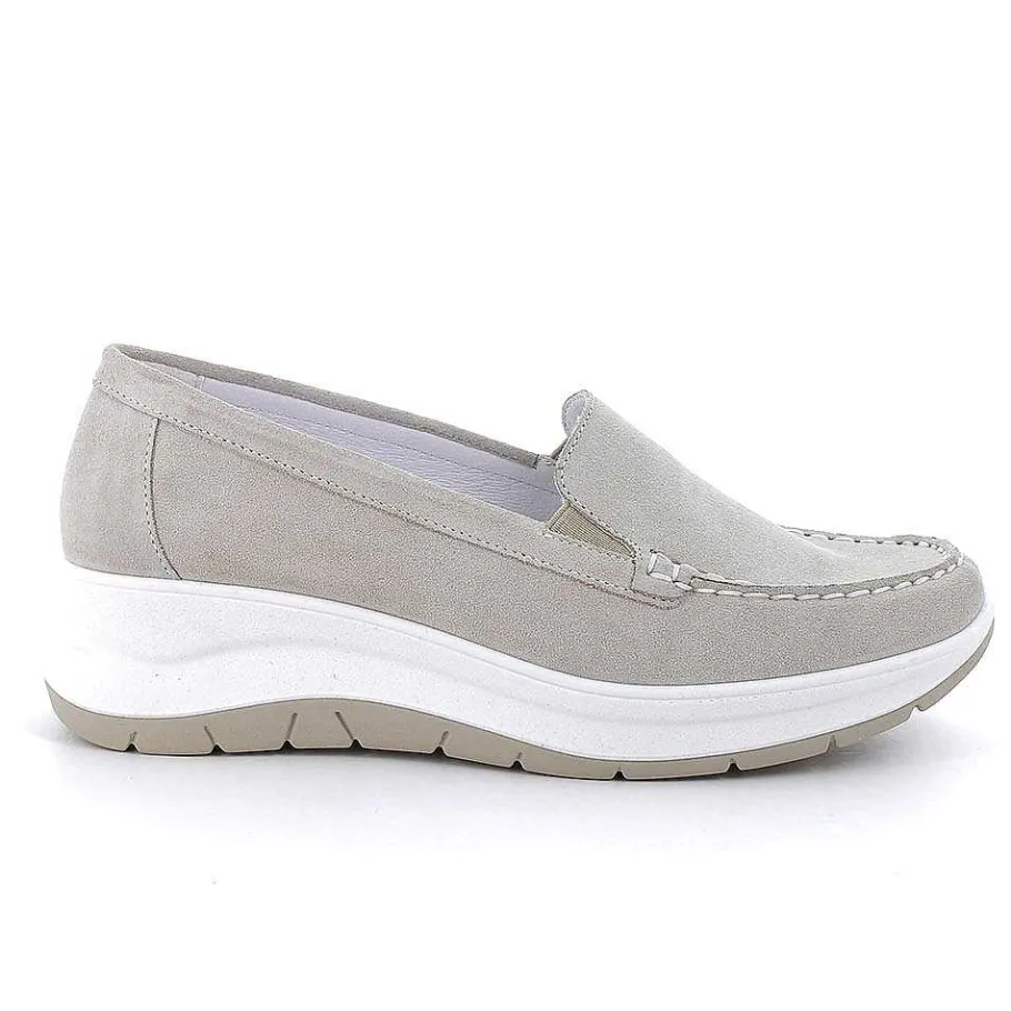 Woman Igi&Co Moccasins And Slip Ons-Beige Women'S Leather Wedge Loafers