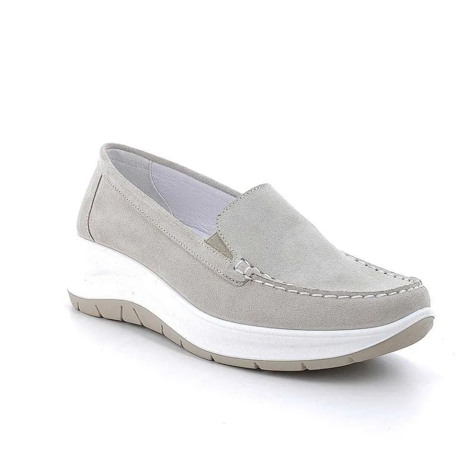 Woman Igi&Co Moccasins And Slip Ons-Beige Women'S Leather Wedge Loafers