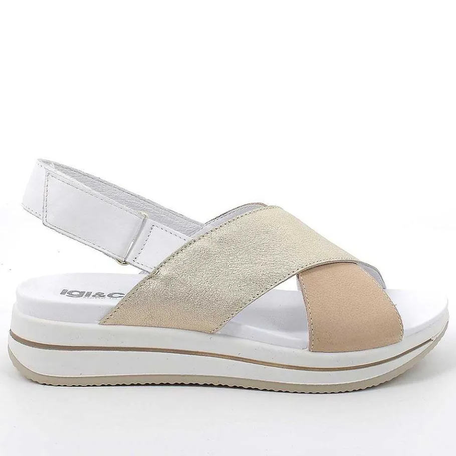 Woman Igi&Co Wedges-Beige-Platinum Women'S Leather Wedge Sandals