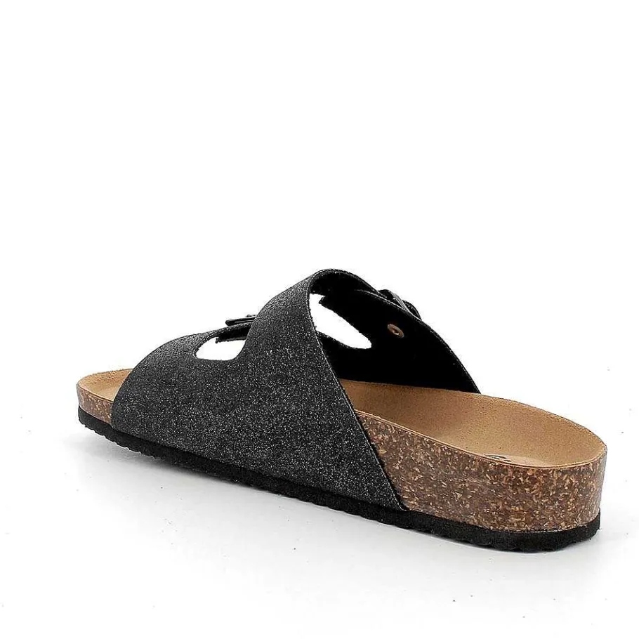 Woman Igi&Co Sandals And Flip Flops-Black Glitter Women'S Leather Sandals