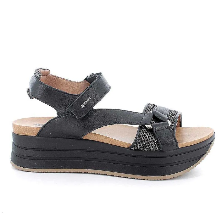 Woman Igi&Co Wedges-Black Women'S Leather Wedge Sandals