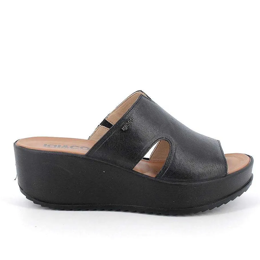 Woman Igi&Co Wedges-Black Women'S Leather Wedge Sandals