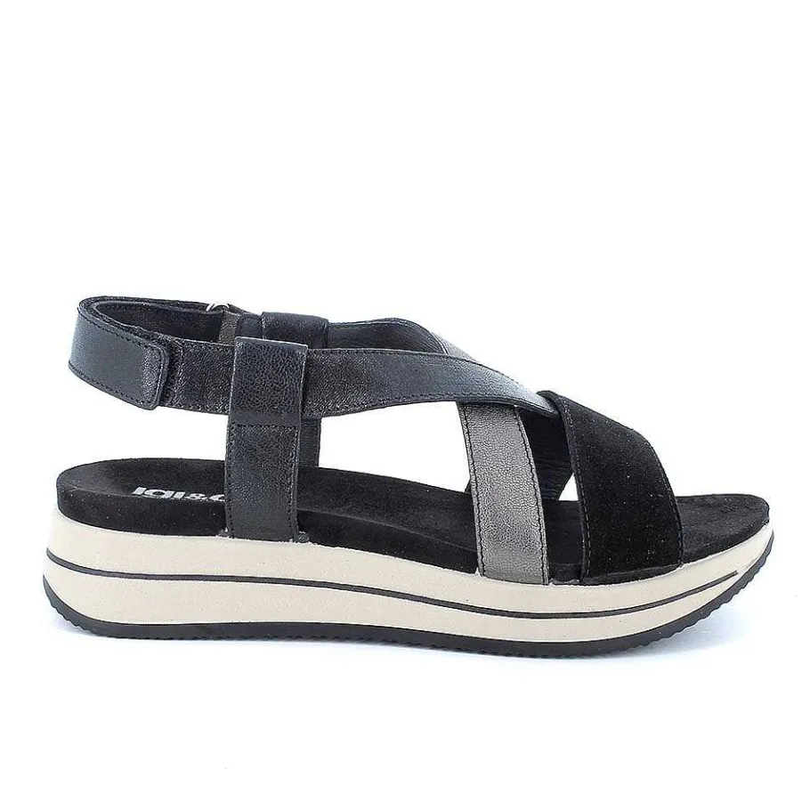 Woman Igi&Co Wedges-Black Women'S Leather Wedge Sandals