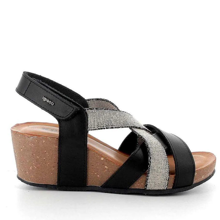 Woman Igi&Co Wedges-Black Women'S Leather Wedge Sandals