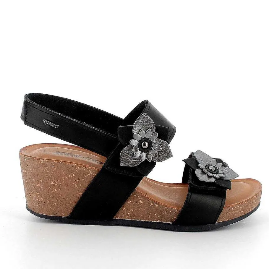 Woman Igi&Co Wedges-Black Women'S Leather Wedge Sandals