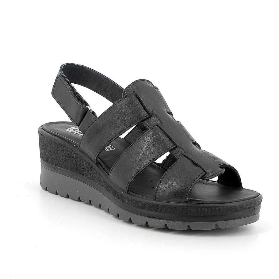 Woman Igi&Co Wedges-Black Women'S Leather Wedge Sandals