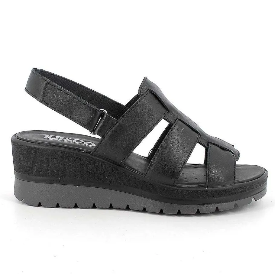 Woman Igi&Co Wedges-Black Women'S Leather Wedge Sandals