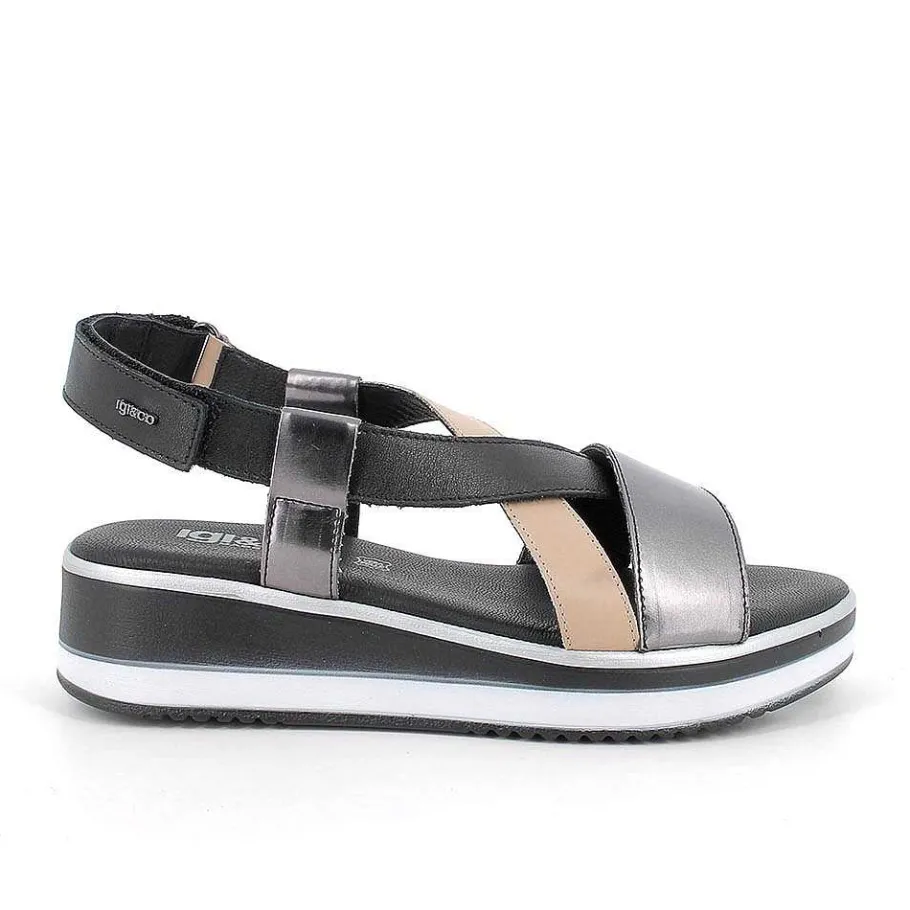 Woman Igi&Co Wedges-Black-Beige Women'S Leather Wedge Sandals