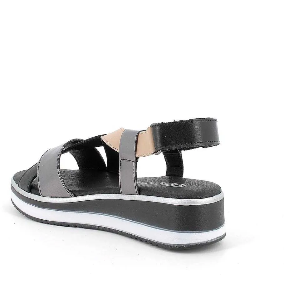 Woman Igi&Co Wedges-Black-Beige Women'S Leather Wedge Sandals