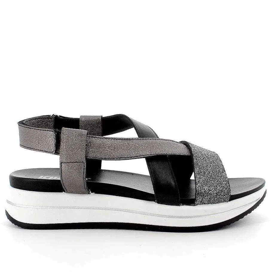 Woman Igi&Co Sandals And Flip Flops-Black-Dark Gray Women'S Leather Sandal