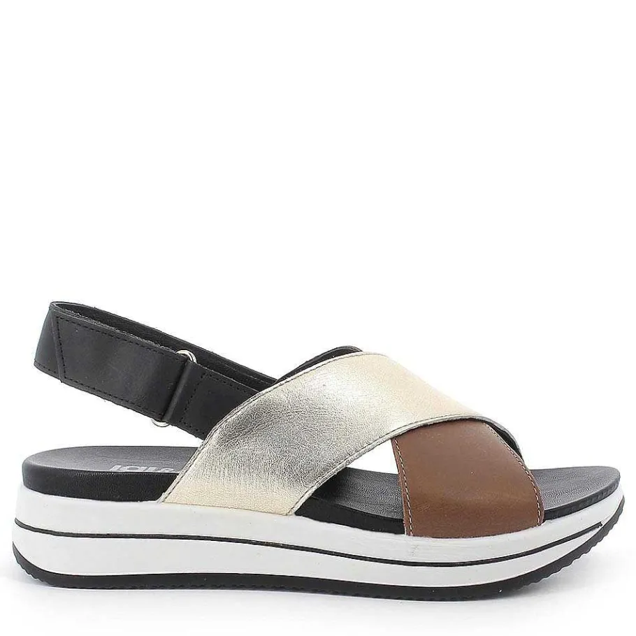 Woman Igi&Co Sandals And Flip Flops-Crossed Strap Sandal In Light Brown Leather And Platinum Laminated Leather