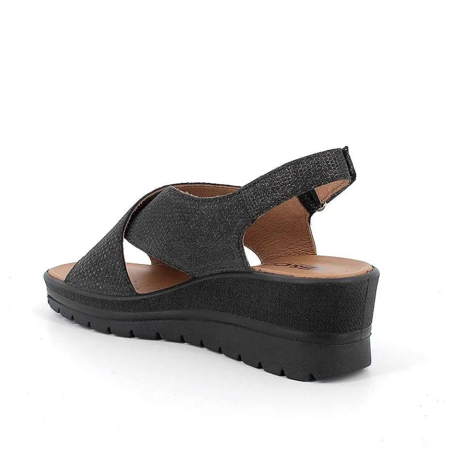 Woman Igi&Co Wedges-Iridescent Black Women'S Leather Wedge Sandals