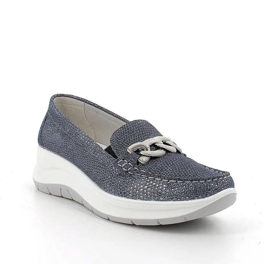 Woman Igi&Co Moccasins And Slip Ons-Iridescent Blue Women'S Leather Wedge Loafers