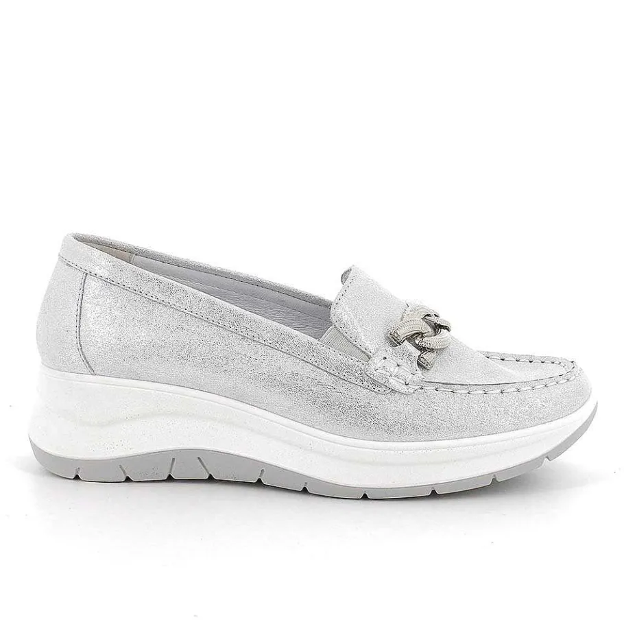Woman Igi&Co Moccasins And Slip Ons-Silver Women'S Leather Wedge Loafers