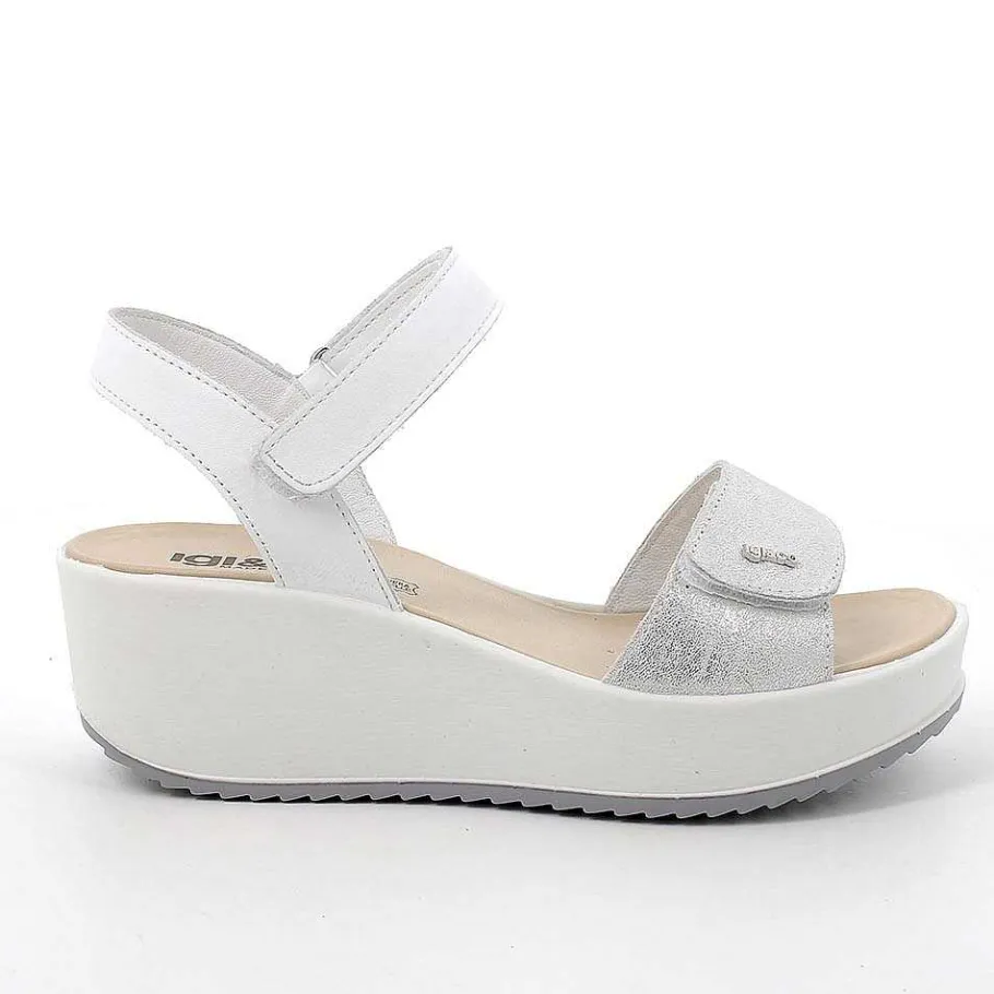 Woman Igi&Co Wedges-Women'S Leather Wedge Sandals Silver-White