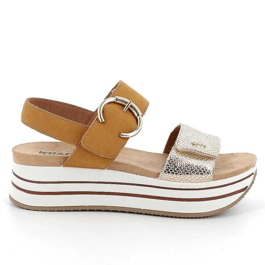 Woman Igi&Co Wedges-Women'S Leather Wedge Sandals Platinum-Camel
