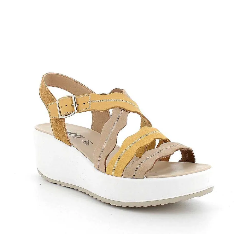 Woman Igi&Co Wedges-Yellow-Beige Women'S Leather Wedge Sandals